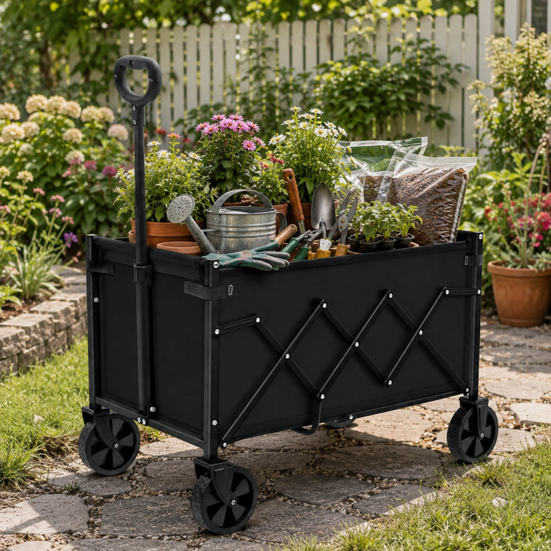 Chariot utilitaire pliable noir, roues à 360 ° et poignée réglable