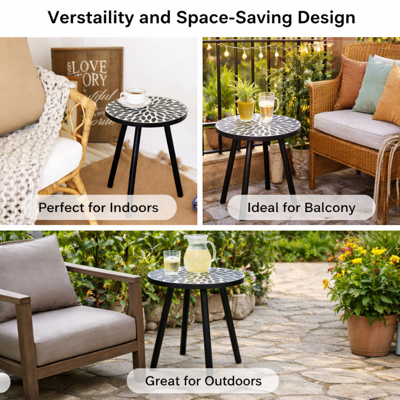 Laure Patio Round Ceramic Tabletop Accent Table with Metal Frame, Indoor Small Decorative Plant Stand & End Table for Home, Patio, Garden