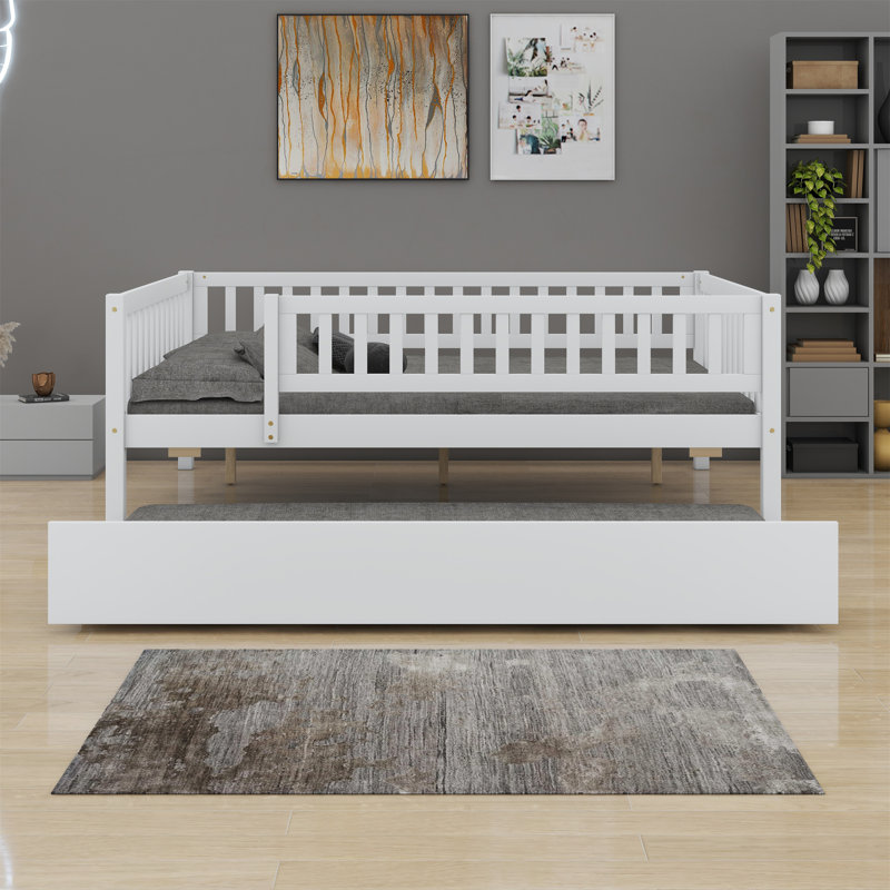 Wood Daybed With Trundle And Fence Guardrails, White