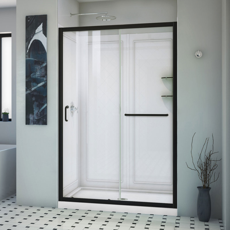 Ensemble de douche rectangulaire coulissante sans cadre l 48 po x H 76,75 po Infinity-Z avec base incluse, Noir mat
