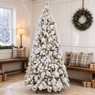 Sapin de Noël floqué de 1,80 m, 350 lumières DEL blanc chaud, 752 branches enneigées en PVC rigide, structure articulée, montage facile, support en métal robuste, sapin de Noël réaliste pour l'intérieur.