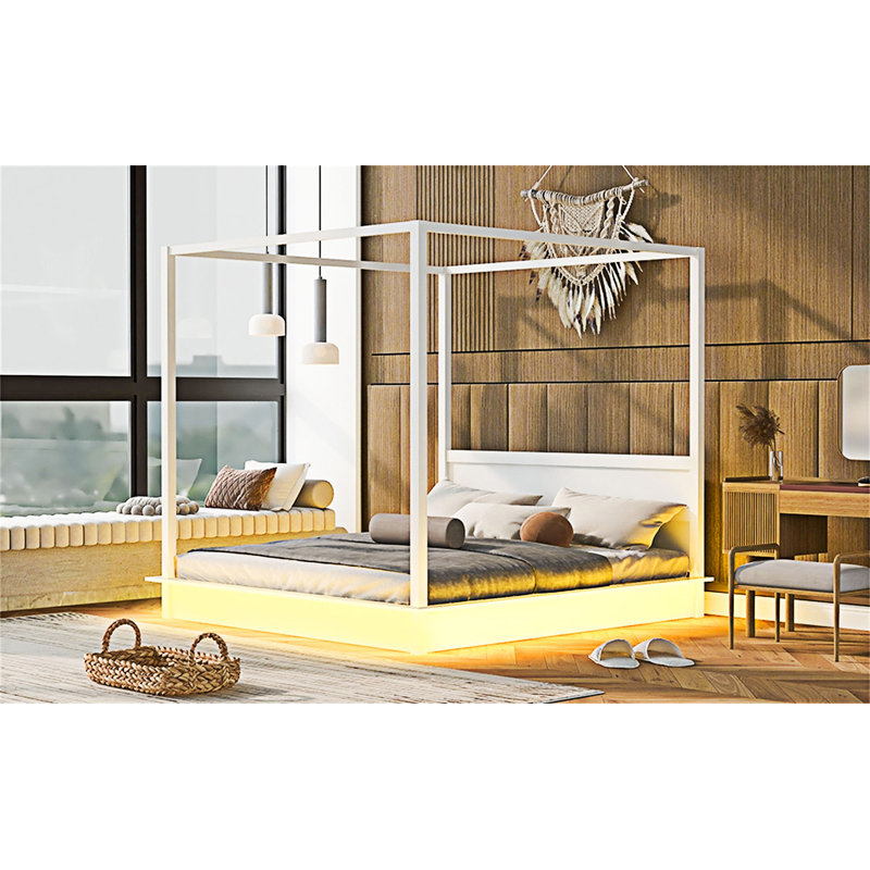 Lit plateforme à baldaquin en bois à DEL avec éclairage intégré et table de chevet sous le lit