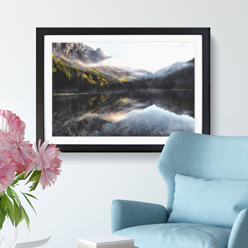 Antholzer See Lake Reflection - Single Picture Frame Painting on MDF, Black, 35cm H x 50cm W x 2cm D