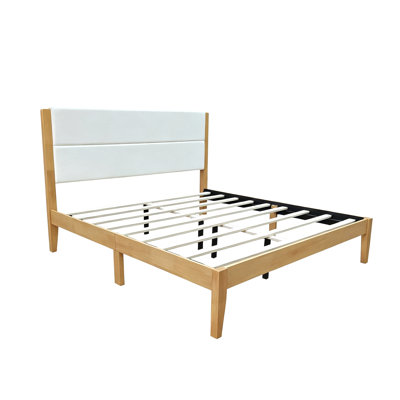 Structure plateforme Mid-Century moderne Olessia avec tête de lit tapissier, support de lattes en bois massif, aucun sommier requis, assemblage facile