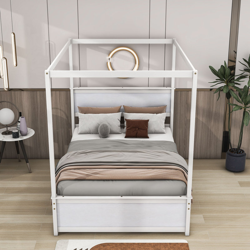 Pylle Full Drawers Wood Canopy Platform Bed, Brushed White, 4 Drawers