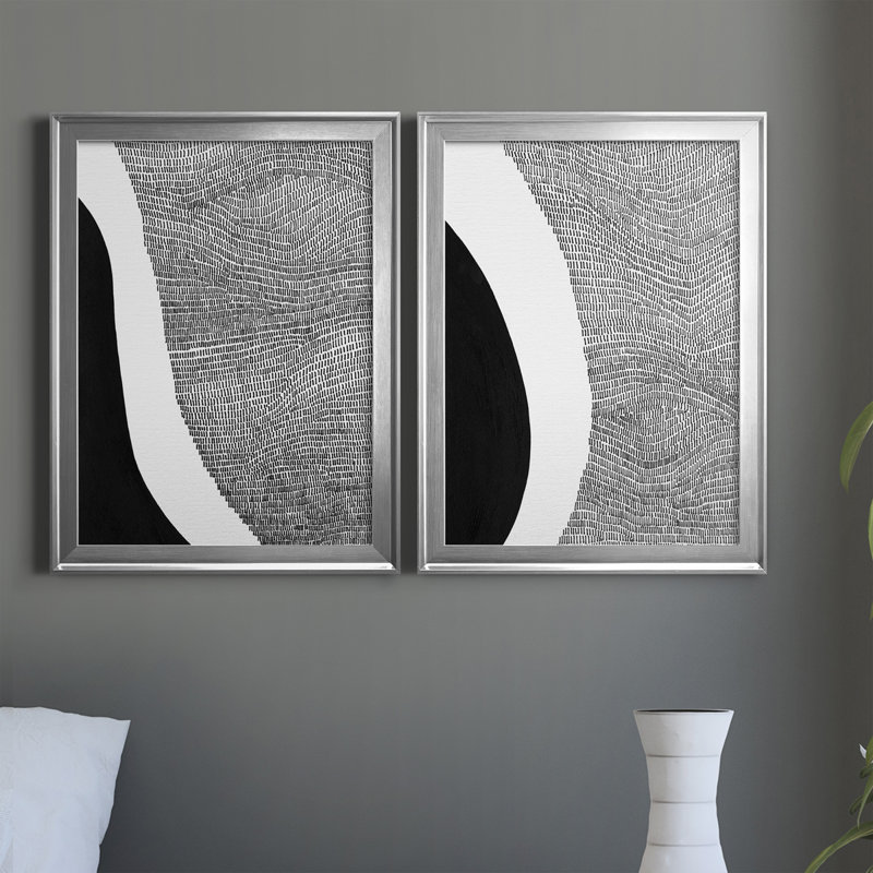 «Black and White Abstract I», ensemble de 2 impressions encadrées sur toile, H 36,5 po x l 26,5 po x P 1,25 po, Cadre argenté