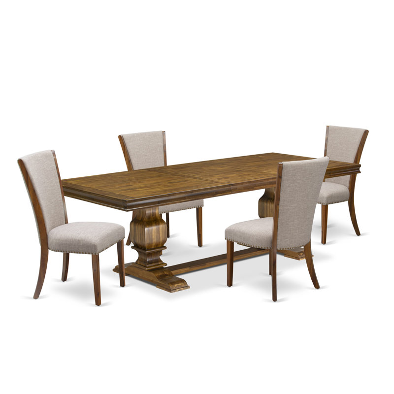 L'ensemble de table de cuisine 5 pièces se compose d'une table de salle à manger et de 4 chaises de salle à manger en tissu de lin brun clair avec dossier capitonné - Finition noyer antique