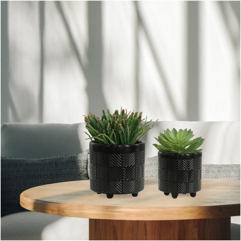 S/2 6/8" TEXTURED PLANTERS, SHINY BLACK, Black