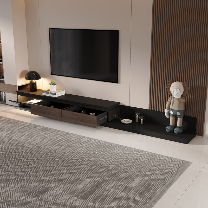 Meuble télé moderne extensible pour téléviseurs jusqu'à 85 po avec tiroirs de rangement et armoire de porte