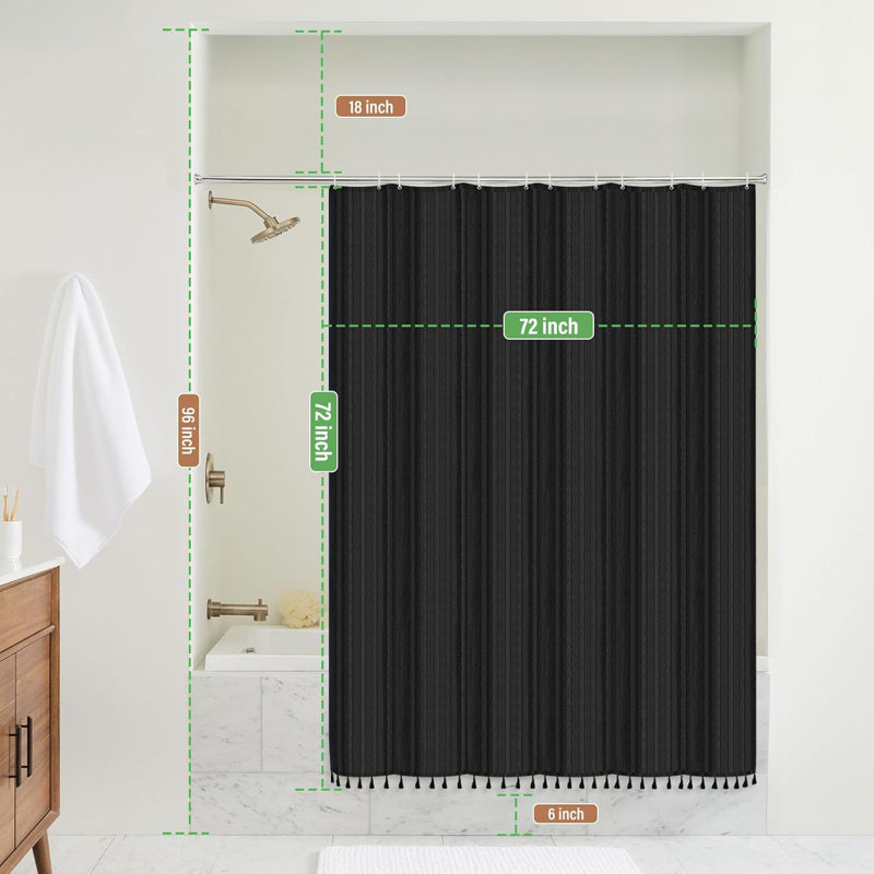 Boho Shower Curtain With Textured Vertical Stripes And Tassel Details - Jacquard Cloth Fabric With Rust-Resistant Button Holes For Modern Farmhouse Or Bohemian Bathroom Decor