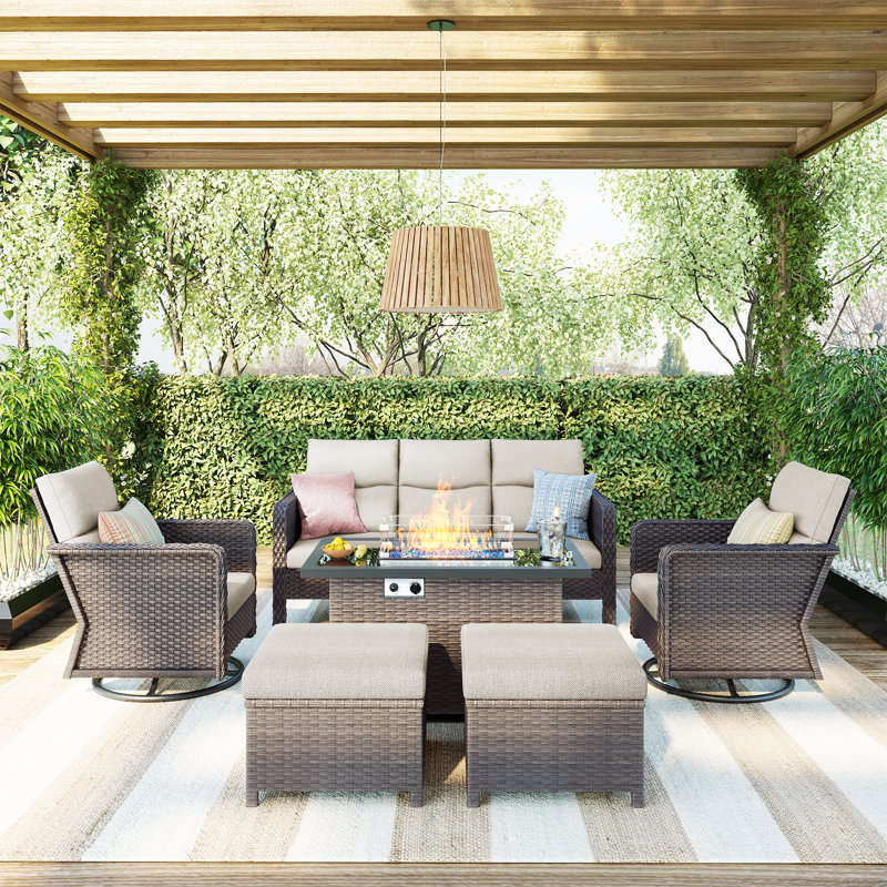 7 - Person Outdoor Swivel Rocking Chair Conversation Set With Fire Pit Table And Cushions, Gray