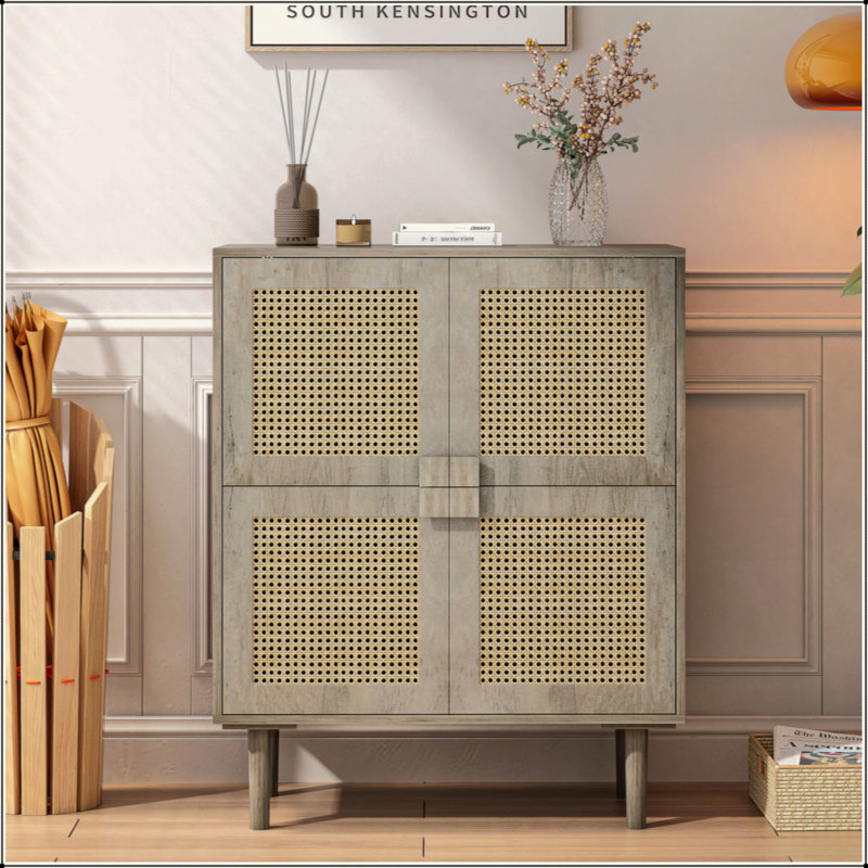4-Doors Rattan Mesh Storage Cabinet, Sideboard With Eight Storage Spaces, For Entryway, Living Room, Hallway, Gray
