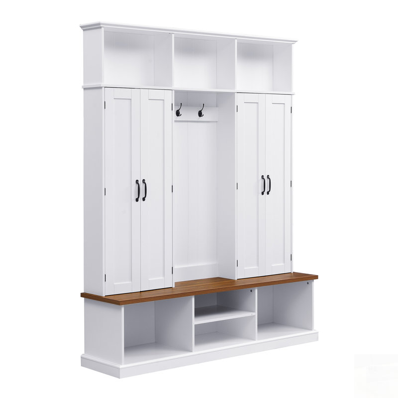 Entryway Hall Tree With Bench, Spacious Storage, And Hooks For Farmhouse Aesthetic And Organization, White