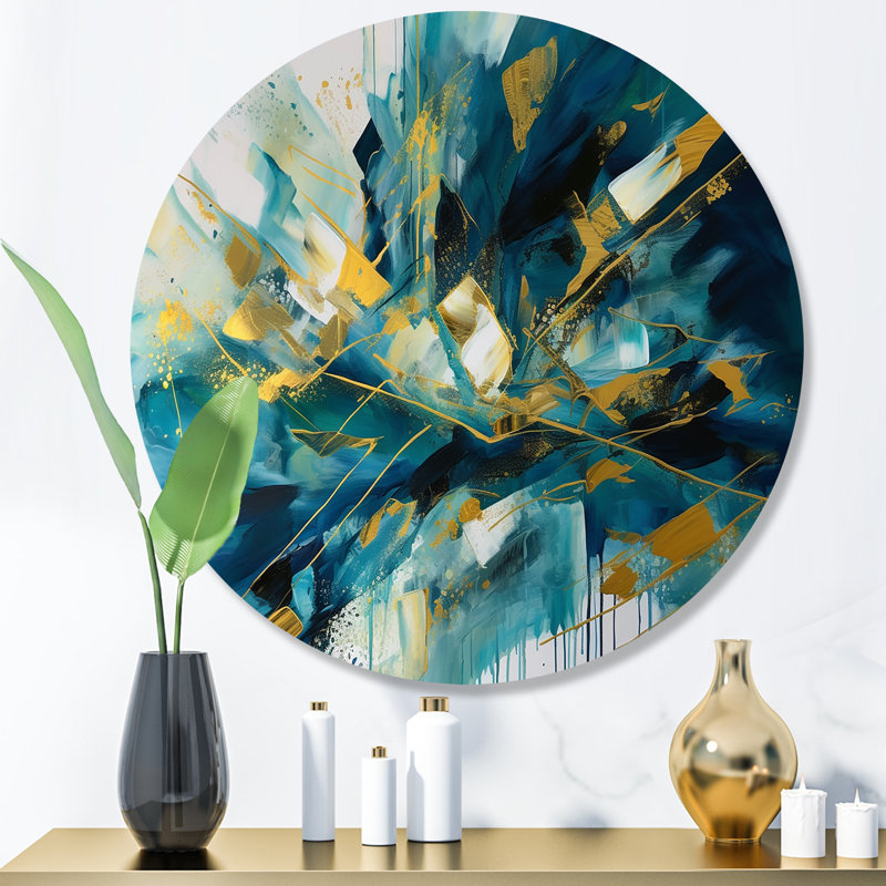 Golden Explosion Triangles V - Abstract Geometric Round Wall Art on Metal, 16" H x 16" W x 1" D