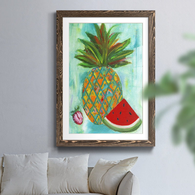 Ananas et melon d'eau II - reproduction de peinture sur papier encadrée, Papier, cadre noyer