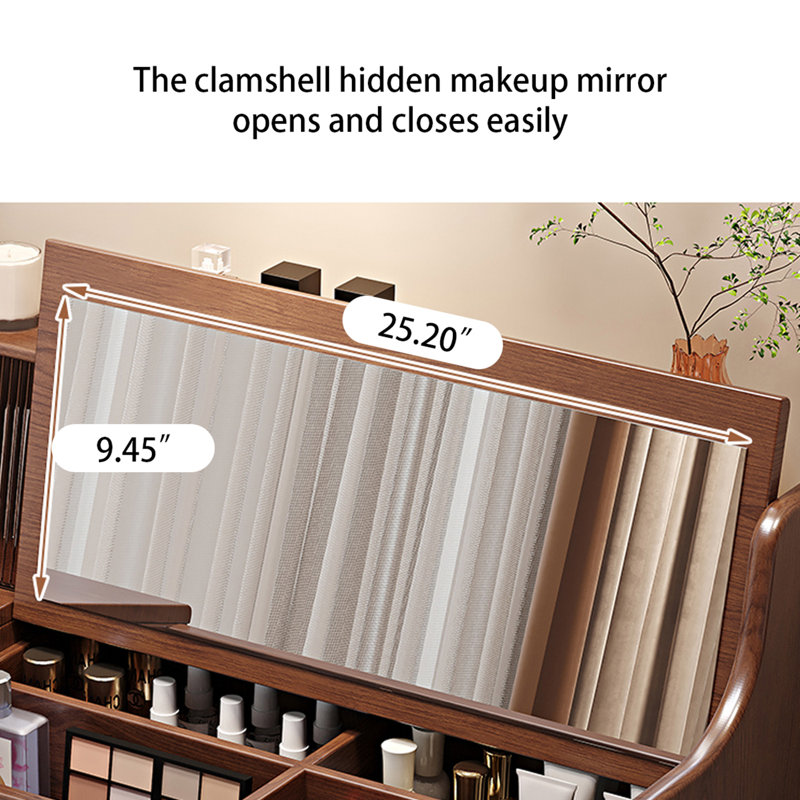 All Solid Wood Simple Clamshell Mirror Dressing Table