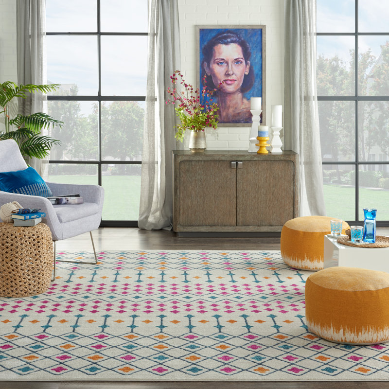 Tapis géométrique ivoire / rose / orange Gillsville, Rectangle 5 pi 3 po x 7 pi 3 po