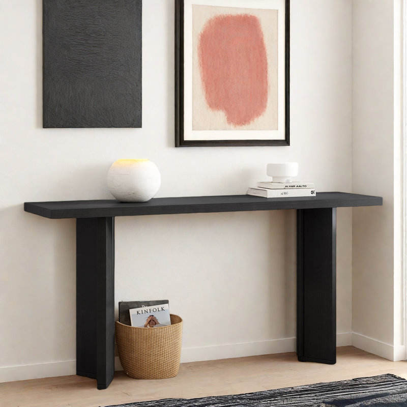 Console moderne avec structure de forme géométrique et grain de bois, Noir