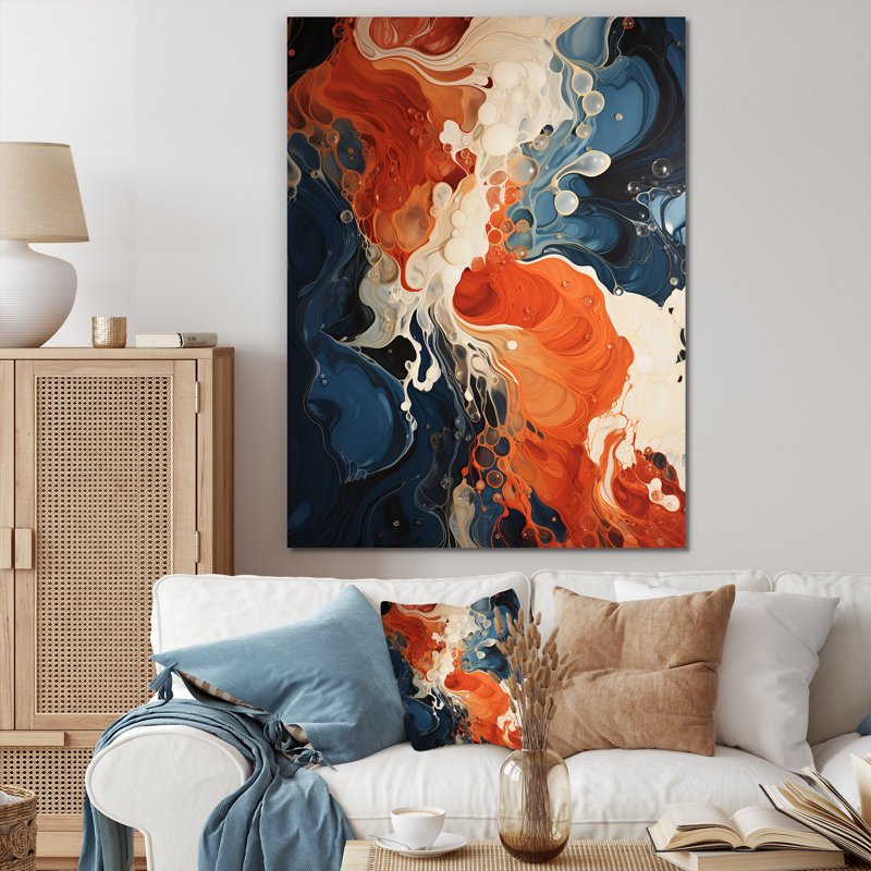 Encre liquide bleue et orange V - Art mural abstrait, Toile tendue, H 32 po x l 24 po x P 1 po