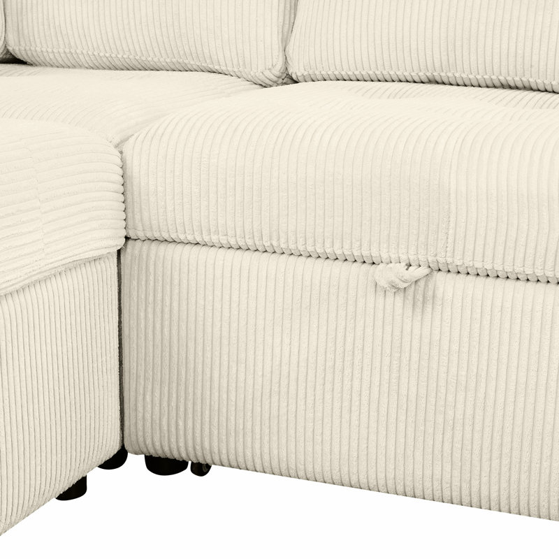 Lit escamotable beige avec méridienne modulaire en U et rangement pratique