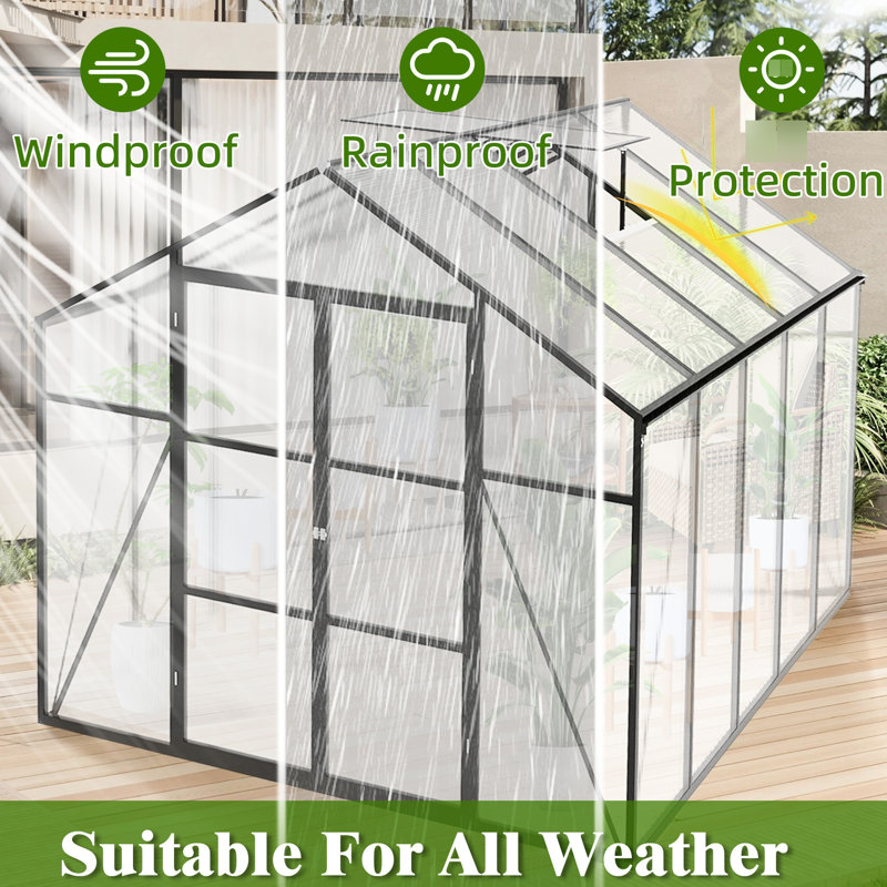 8X10 Ft Outdoor Greenhouse For All Seasons - Aluminum Structure, Polycarbonate Panels, Walk-In, Shielding, Spacious, Easy Assembly, Functional Drainage Solution Backyard Season, Heavy Duty Frame,