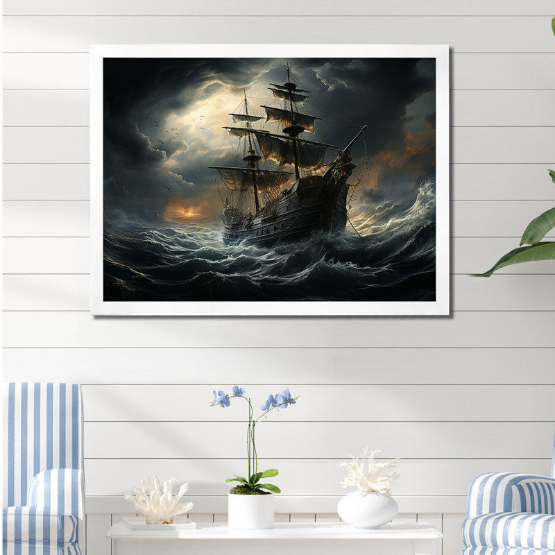 Pirate Ship At Stormy Seas - Art mural encadré pirate, Cadre simple blanc, H 30 po x l 40 po x P 1,5 po