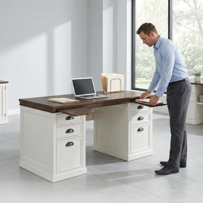 Sunjoy 58’’ Richland Double Pedestal Desk, Home Office Computer Desk Work Station with Charging Station, Four Drawers, and One Cabinet