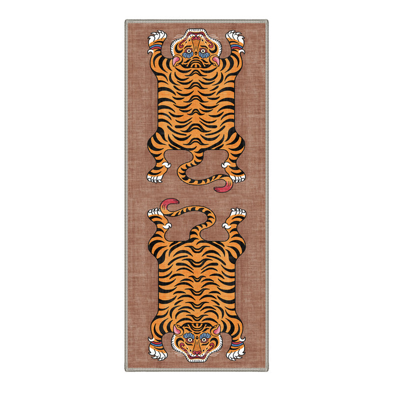 Tigris Animal Print Machine Washable Brown / Orange / Black Indoor Area Rug with Non-Slip Backing, Runner 2' x 6'