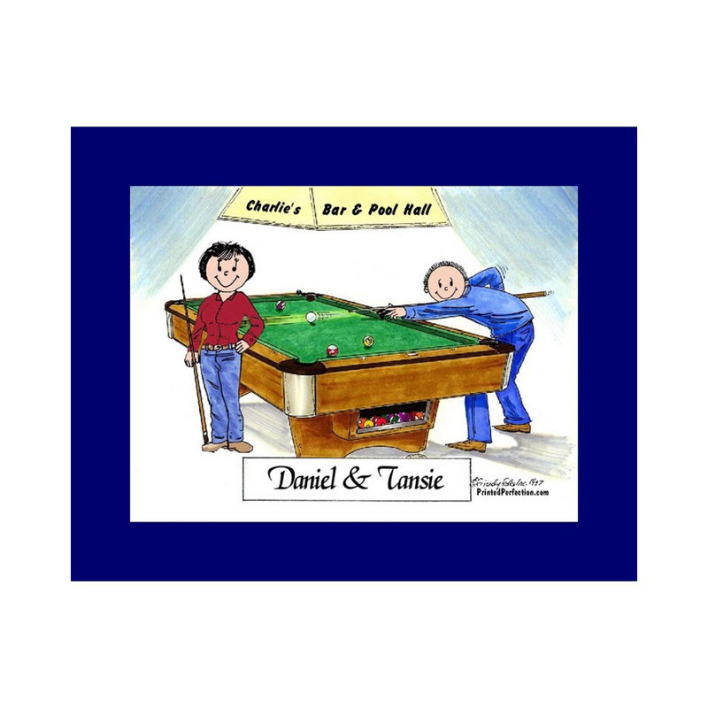 Personalized Billiards, Pool Player Couple Cartoon Caricature with a Mat, Ready to Frame, Yes