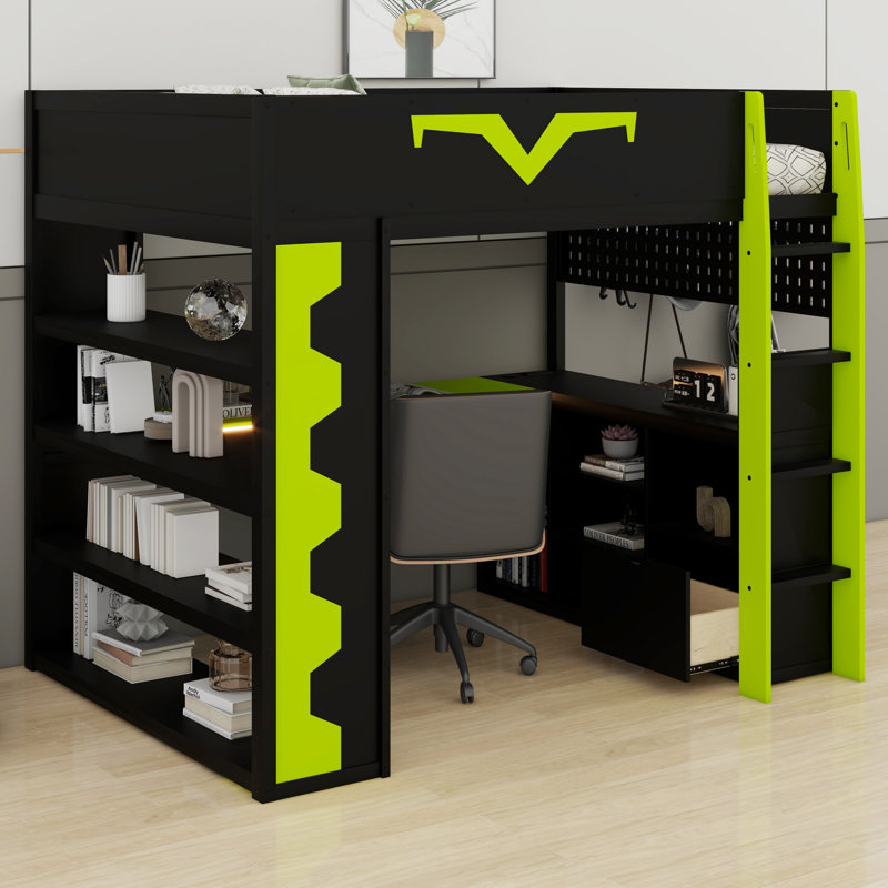 Lit mezzanine avec bureau Pro Gamer, lumières RVB, tablettes, panneau perforé et tiroir, Vert
