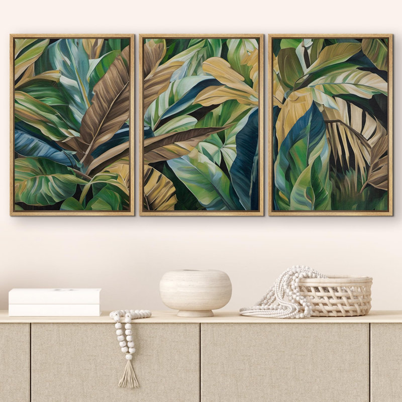 Plant Abstraction " Tropical Serenity Three-Piece Lush Green Foliage Banana Leaves Illustrations Modern Art Boho Decor " 3 - Pieces