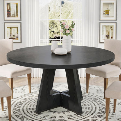 47" Round Farmhouse Dining Table – Black Wood Kitchen Table For 4, Cross Base Wooden Dinner Table For Dining Room, Breakfast Nook, Or Living Area
