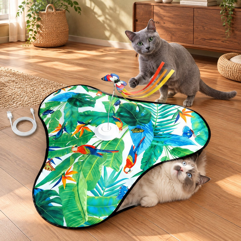 Ce jouet interactif rechargeable vert combine une fonction de couinement réaliste avec des plumes cachées mobiles, et utilise une activation tactile pour faire faire de l'exercice aux chats et chatons adultes d'intérieur qui s'ennuient.