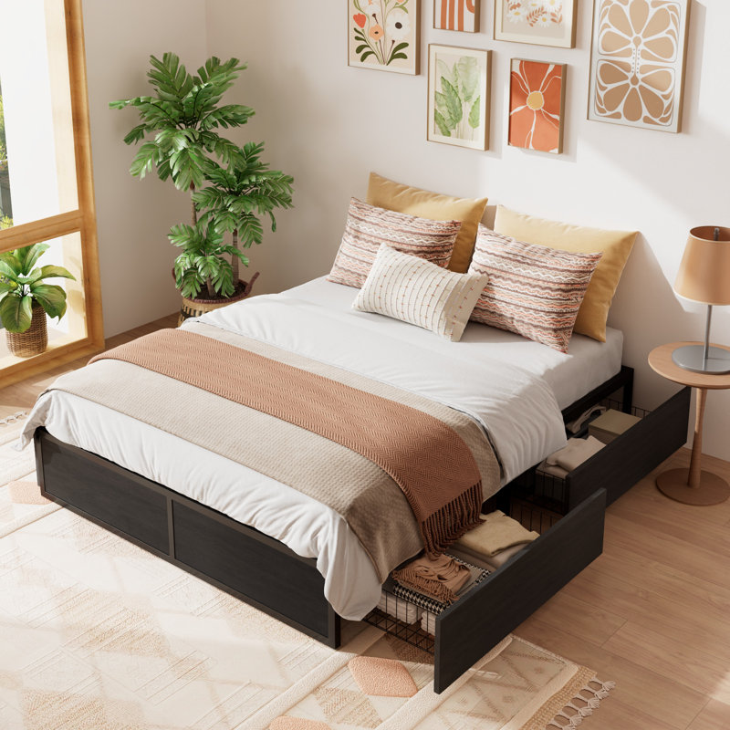 Platform Bed With 2 Storage Drawers,4 Mount Points,Full size bed with Wood Grain Drawers, Full, Black