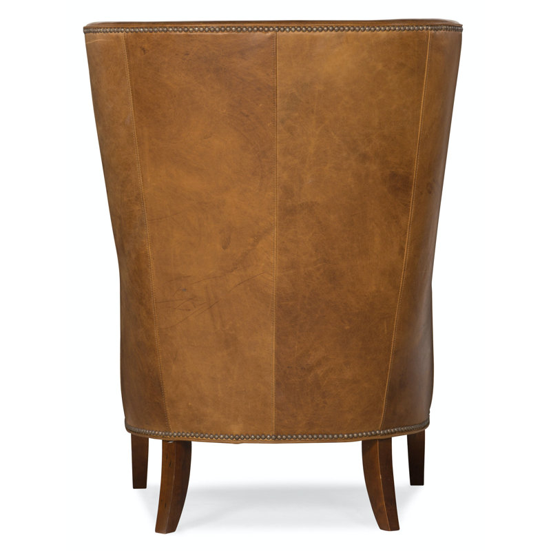 Aurora Wingback Chair, French Natural, Mahogany, Aline Light Gray Stonewash Genuine Leather