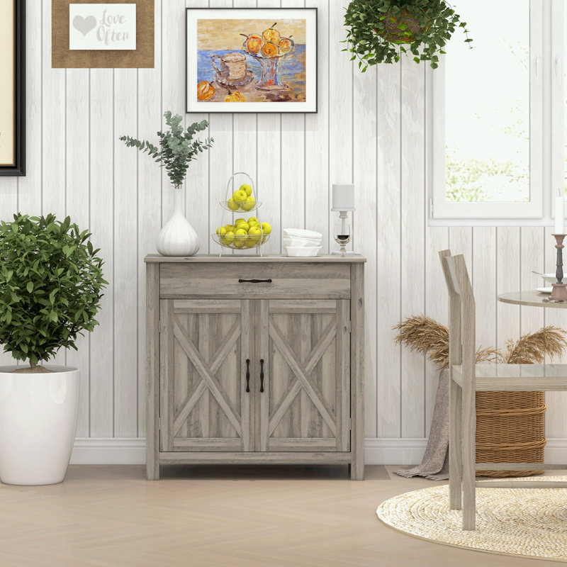 Buffet Farmhouse, armoire à café avec porte de grange et tablette réglable, Gris délavé incorrect