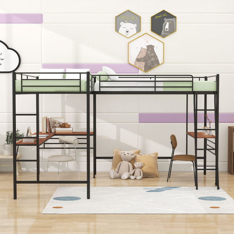 Lit mezzanine simple en métal avec deux bureaux intégrés en forme de L