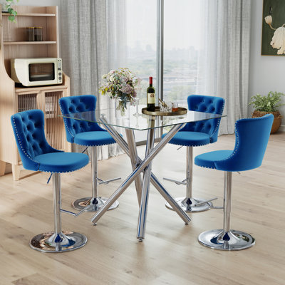 Ensemble de table de bar moderne 3/5-pièces avec plateau en verre trempé et base en métal robuste, tabourets de bar pivotants en velours à hauteur réglable, pour la cuisine, la salle à manger et les espaces de divertissement