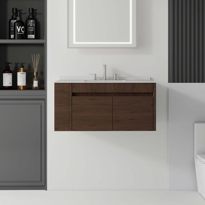 Meuble-lavabo flottant avec comptoir en marbre de culture et lavabo à débordement