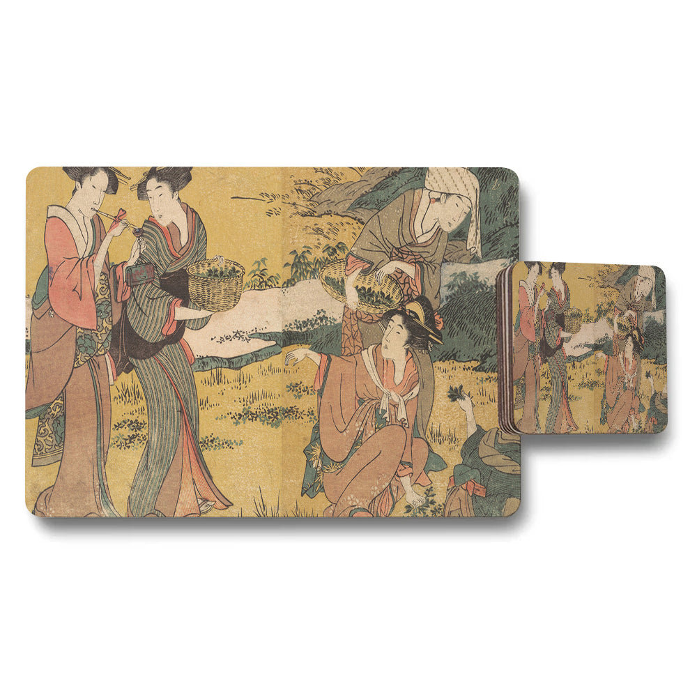 Placemat And Coaster Set Japanese Ukiyoe Art Women In Kimonos