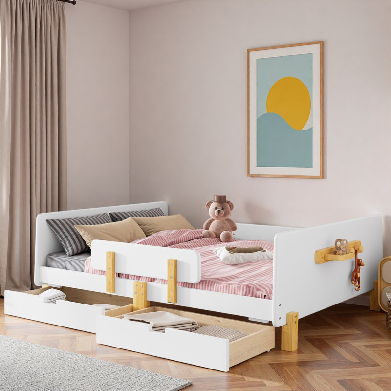 Lit plateforme avec tiroirs de rangement, garde-corps, petite tablette et crochets, Light White, Full 