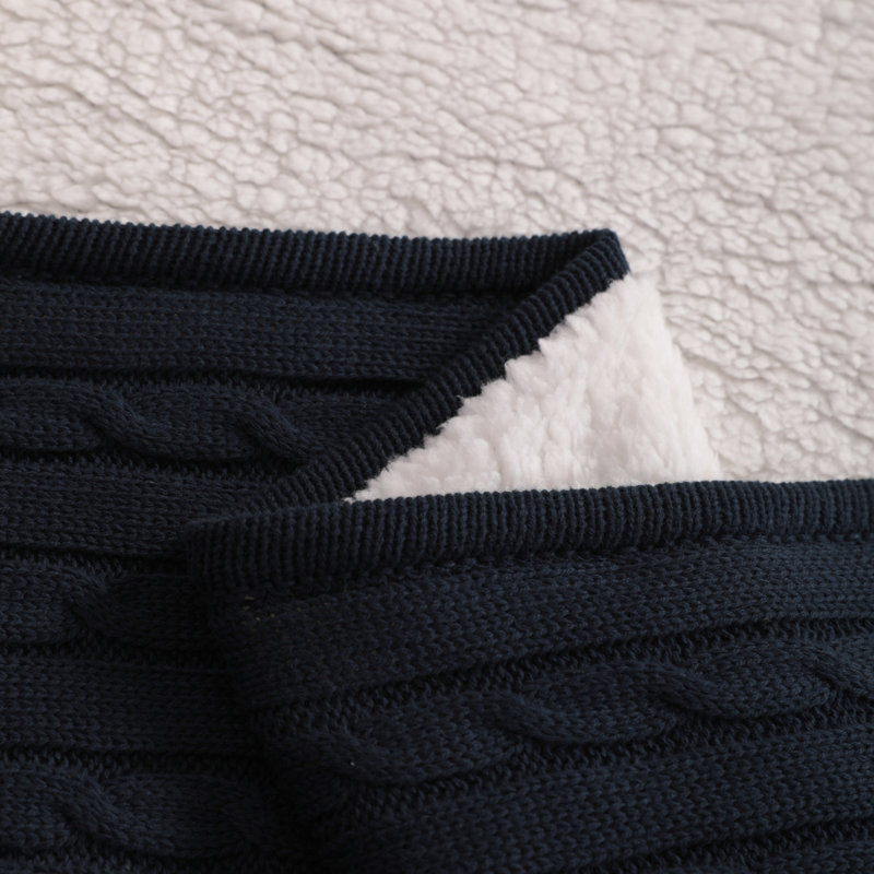 Navy Blue Cotton Cable Knit Sherpa Throw Blanket 51" x 67"