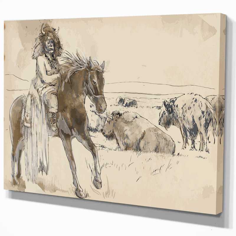 Imprimé de cheval d’équitation indien-impression de dessin, H 20 po x l 20 po x P 1 po, Toile tendue