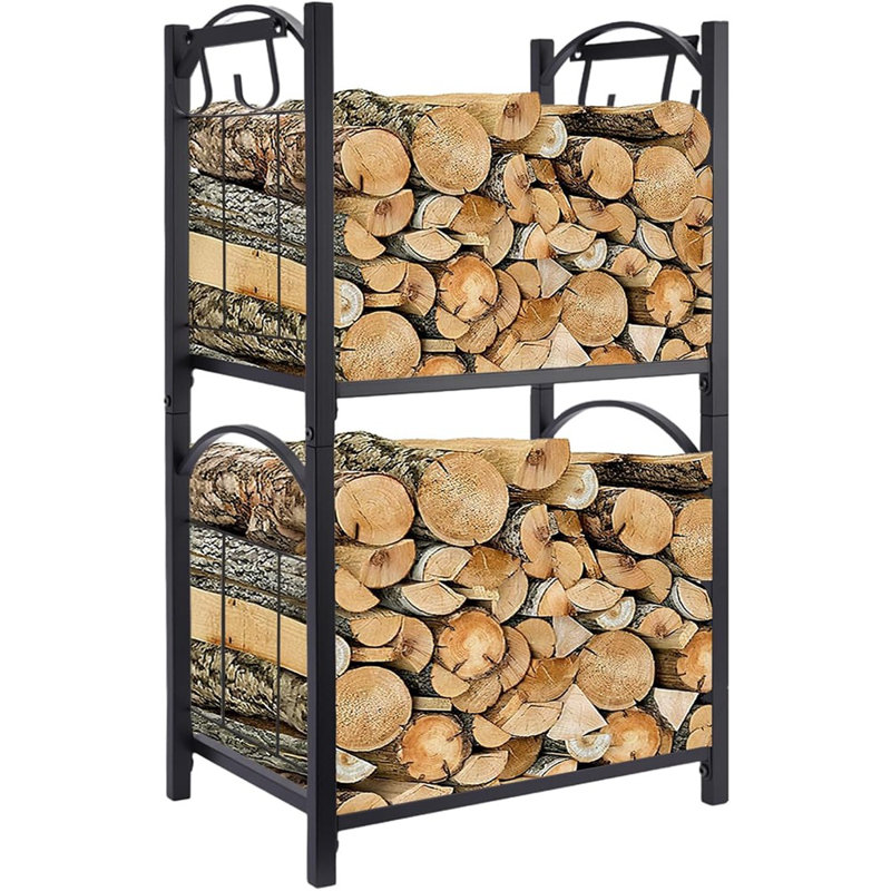 Support de bois de chauffage intérieur à 2 niveaux avec crochets, rangement pour bois de foyer robuste, supports à bûches métalliques réglables pour support de terrasse de patio extérieur