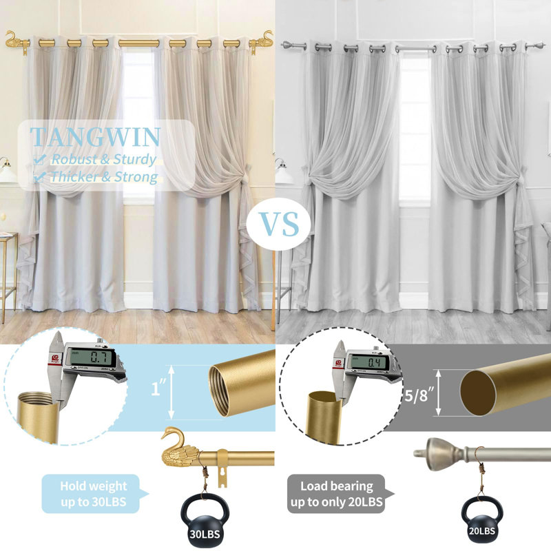 Tringles à rideaux dorées pour fenêtres de 48 à 84 po, tringle à rideaux réglable de 1 po, tringles à draperies décoratives à fleur de cygne, tringle à rideaux télescopique à fenêtre simple, laiton