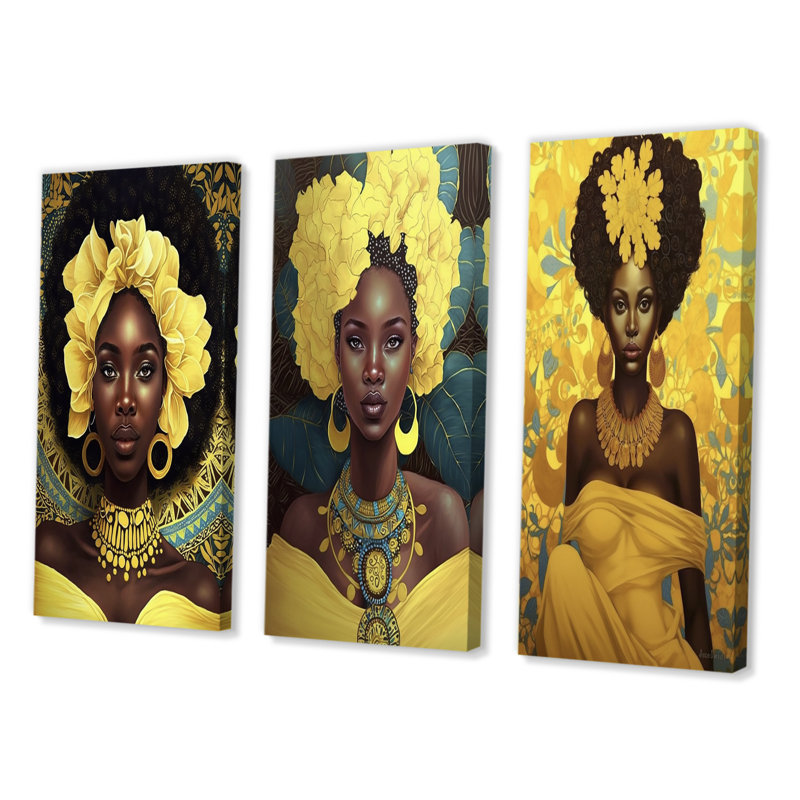 «Orisha Oshun, déesse africaine en jaune», 3 pièces, H 40 po x l 60 po, Toile tendue