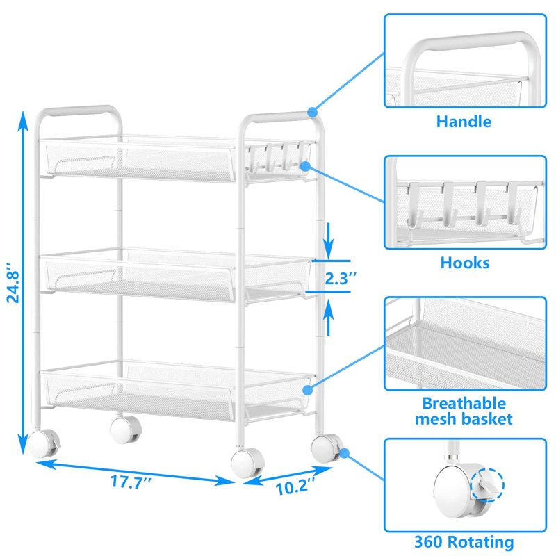 24.8'' H x 17.72'' W Utility Cart with Wheels, Blanc