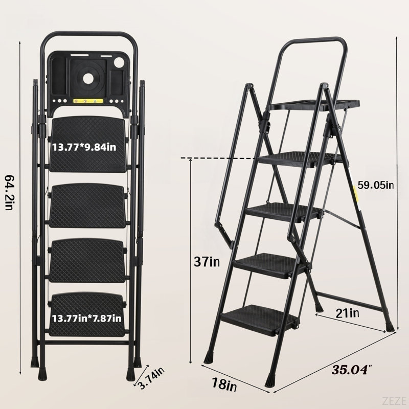Échelle à 4 marches, escabeau pliant avec pédales larges antidérapantes, poignée souple, pieds antidérapants, fabrication en acier robuste, échelle en acier d'une capacité de 330 lb, convient à la maison et au bureau