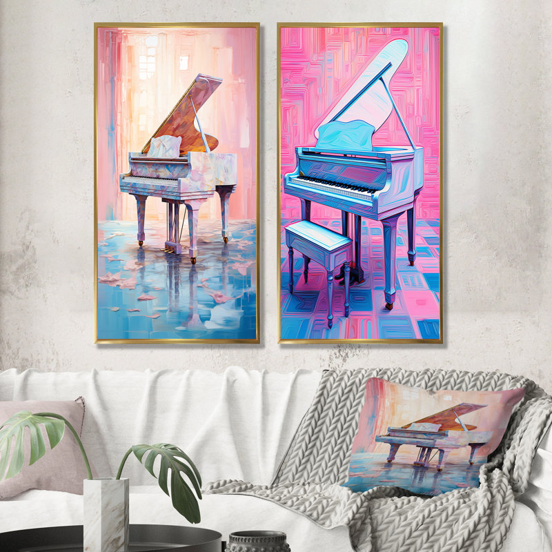 Piano Retro Reverberations - Ensemble de 2 décorations murales piano, Encadrement doré, H 28 po x l 25 po