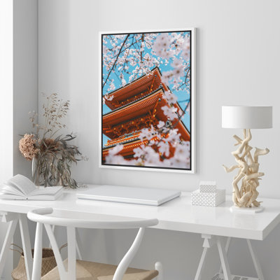 Cherry Blossom, temple japonais, paysage printanier, reproduction d'art sur toile encadrée